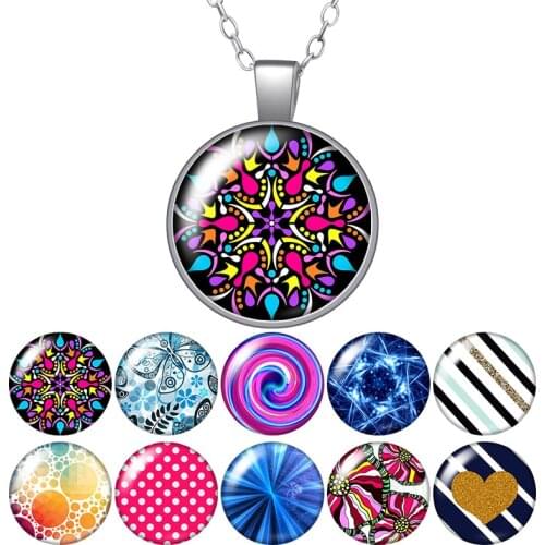 New Fashion Rotating Patterns Dots Flowers Pendant Necklace 25mm Glass Cabochon Women Girl Jewelry Party Birthday Gift 50cm