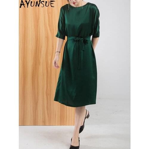 AYUNSUE 100% Pure Silk Dress Woman Elegant Green Dress Female High Quality Party Ladies Dresses Vintage Vestido De Mulher KJ6626
