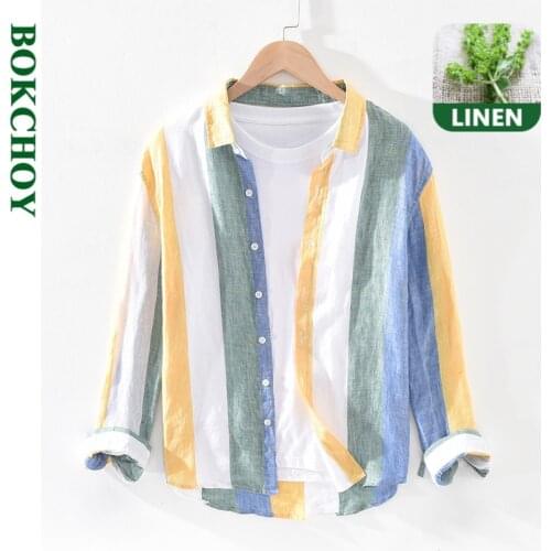 Striped Linen Shirts for Man Pure Hemp Made Breathable Comfortable Long Sleeve Loose 2020 Autumn Winter New GML03-1938
