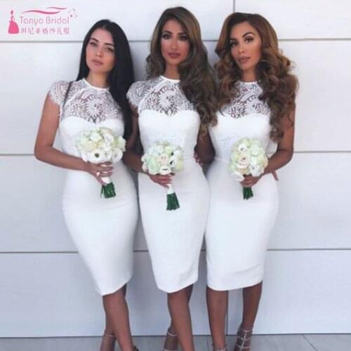 Sheer Neck Sheath Bridesmaid Dresses Jewel Knee Length Elegant Wedding Guest Dress Party Wear JQ61