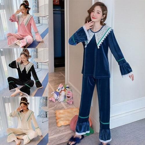 Sexy Pajamas Suit Ladies 2020 Latest Spring Autumn And Winter Gold Long-Sleeved Lace Coral Velvet Sweet Home Service Suit