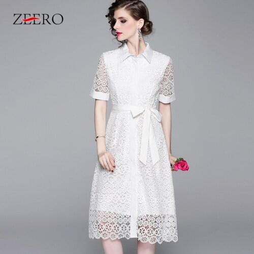 Spring Summer Women White Hollow Out Turn Down Collar Lace Midi Party Dress Elegant Ladies Sashes Slim Casual Dresses Vestidos