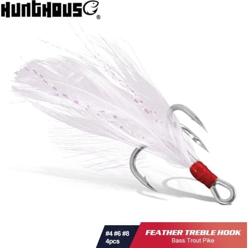 Hunthouse 3X Strong fishing treble hook 4# 6# 8# 4pcs/lot Three anchor hooks with feathers High Steel Carbon for hard lure tool