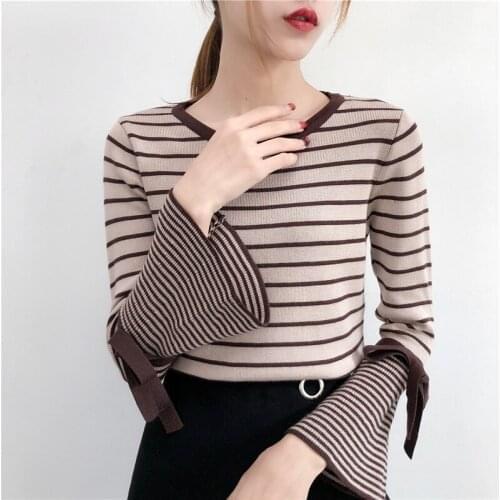 Winter Sweater Women 2018 Autumn Plus Size Pullover Female O-Neck Flare Sleeve Striped Tops Black Friday Christmas Gift AIYANGA