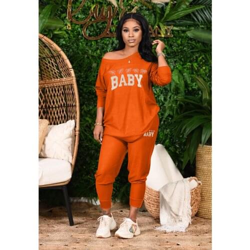 2021 New Arrival Fashion Design 2 pcs Tracksuits Women Set Letters O-neck Long Sleeve Tops Long Pants Spring Autumn Outfits