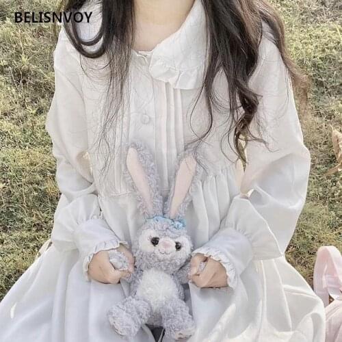 Japanese Lolita Style Autumn Women White Dress Peter Pan Collar Bag Princess Loose Dress Flare Sleeve Chiffon Cute Kawaii Dresse