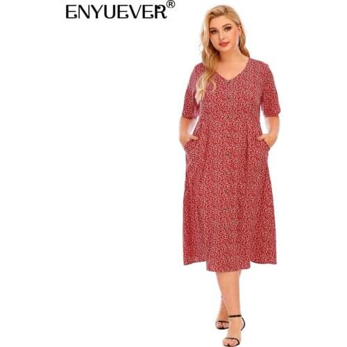 Enyuever Elegant Women Dress Plus Size Summer Clothing V Neck Short Sleeve High Waist Print Midi Casual Dresses With Pockets