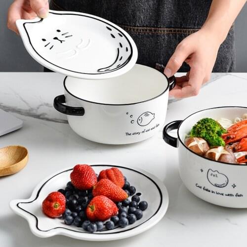 Animal Hand-painted Ceramic Binaural Soup With Lid Cute Student Dormitory Instant Noodle Rice Bowl