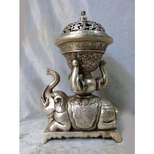 12" China Silver fine workmanship lion dragon elephant censer incense burner (D0426)