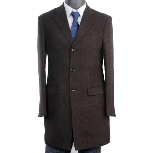 2021 Deep Brown Herringbone Tweed Long Coat Custom Dark Brown Medium Long Jacket Mid-Length Coats Mid Length Casual Winter Coat