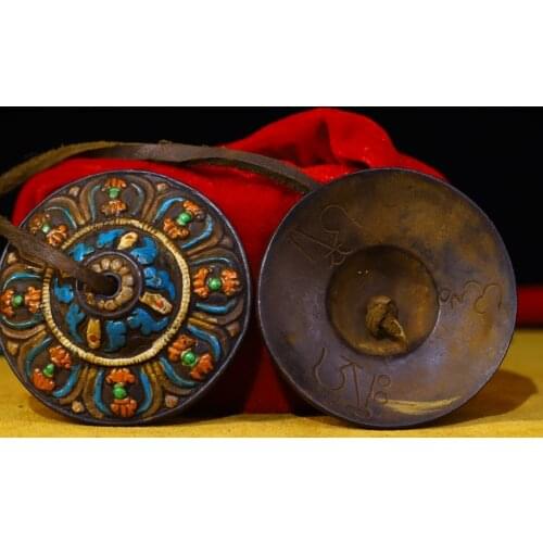 3"Tibet temple Bronze Hand beat Engraved Tracing eight treasures Buddha flower Touch the bell Bells amulet Town House Exorcism