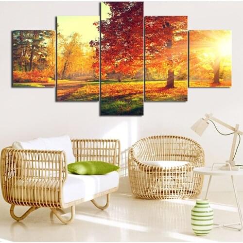 Canvas Painting Modern 5 Pieces/Pcs Sunset Landscape Art Autumn Scenery Live Wall HD Decoration Modular Forest Picture Poster