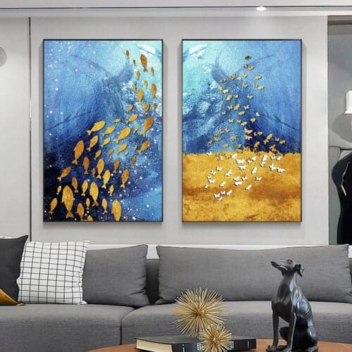 Abstract Big Blue Poster Print Gold Wall Art Golden Fish Butterfly Canvas Painting for Living Room Aisle Cuadros Salon Tableaux