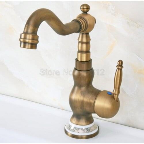 Antique Brass Swivel Spout Bathroom Faucet Wash Basin Mixer Sink Faucets Deck Mount Cold &Hot Water Mixer Tap Wnf612
