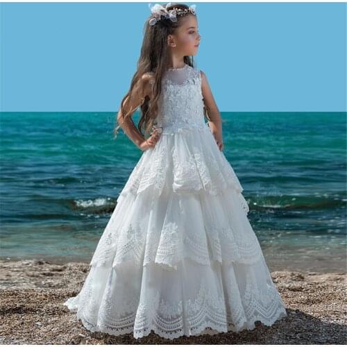 White Lace Flower Girls Dresses For Wedding Pleated Ruffles Girls First Communion Dresses Girls Special Occasion Dresses