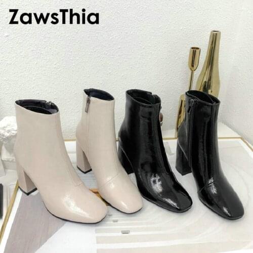 Patent PU Leather Black Women Boots Comfy Square Block High Heel Ankle Boots Zipper Boots Autumn Winter Lady Shoes Size 44 45