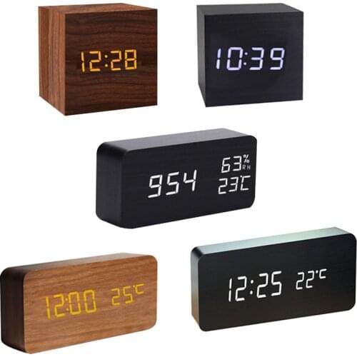 Alarm Clock LED Wooden Watch Table Voice Control USB/AAA Powered Digital Desktop Clocks Home Decor