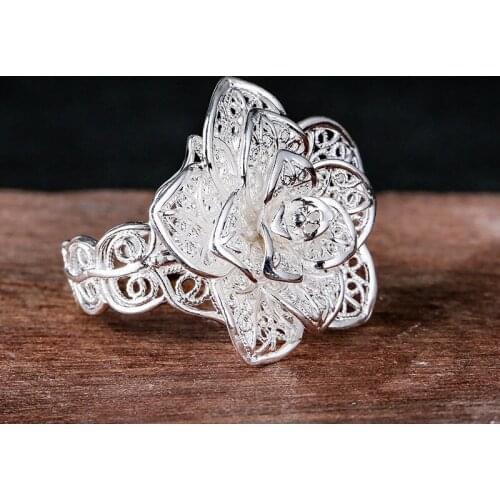 Designer original design Thailand silver rose flower opening adjustable ring exquisite retro ethnic style ladies jewelry