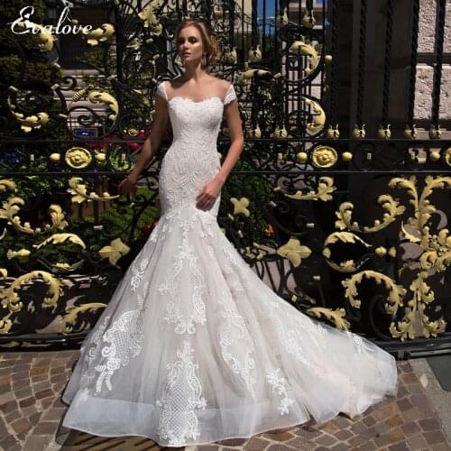 EVALOVE New Arrival Sexy Sweetheart Neck Customized Bride Mermaid Wedding Dress Luxury Cap Sleeve Appliques Vintage Bridal Gown