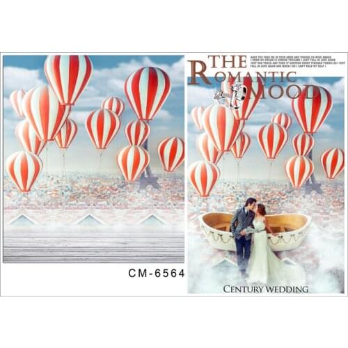 Wood floor background hot balloons white cloud with blue sky backdrops photography wedding photo background for studio