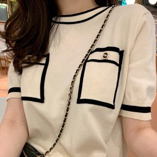 Han Guoxia small perfume line round collar thin section ice silk long spell in the loose color crochet knitted dress