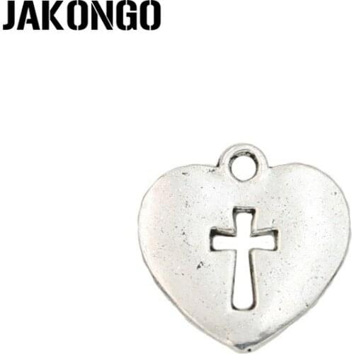JAKONGO Antique Silver Plated Cross Heart Charms Pendant for Jewelry Making Bracelet Accessories DIY Handmade 17x17mm 15PCS/lot