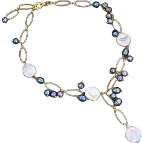GG Jewelry 21" White Coin Pearl Black Rice Pearl Chain Necklace