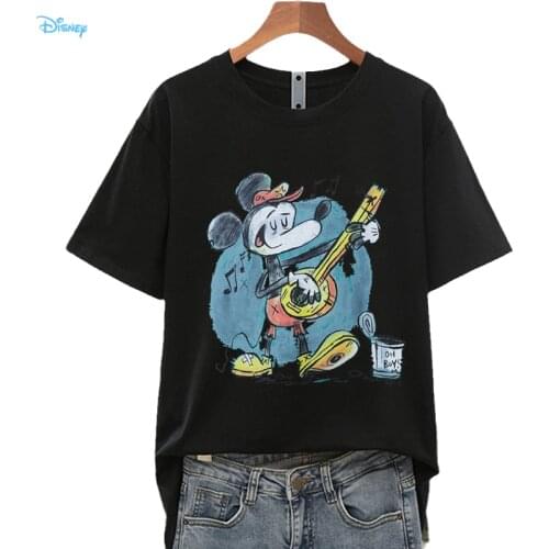 Cartoon Mickey Mouse Play the Guitar Cool T Shirt Oversize Short Sleeve Fashion Camiseta Mujer Verano 2021 Disney Plus 1 Year