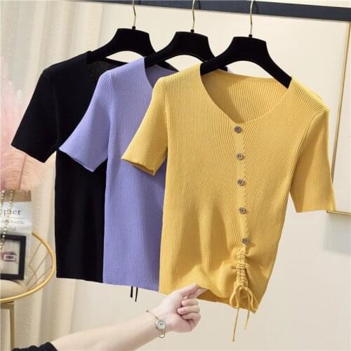M-4XL plus size summer thin pullover v-neck sweater women short sleeve loose knitted button bottoming shirt wool top
