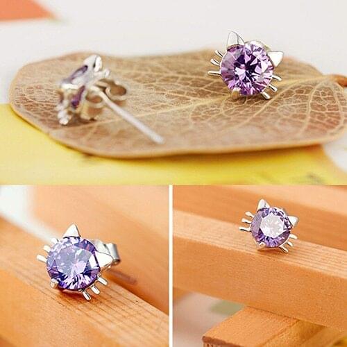 Girls Cute Shining Cat Ear Studs Silver-Plated Zircon Earrings Jewelry BEGW