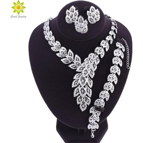 Fashion Leaves Shape Pendant Necklace Earring Bracelet Ring Fashion Dubai SilverColor Nigerian African Beads Wedding Jewelry Set