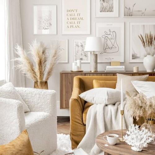 Boho Beige Reed Grass Dried Flowers Poster Line Art Wall Art Canvas Print Painting Minimalist Picture for Living Room Decor