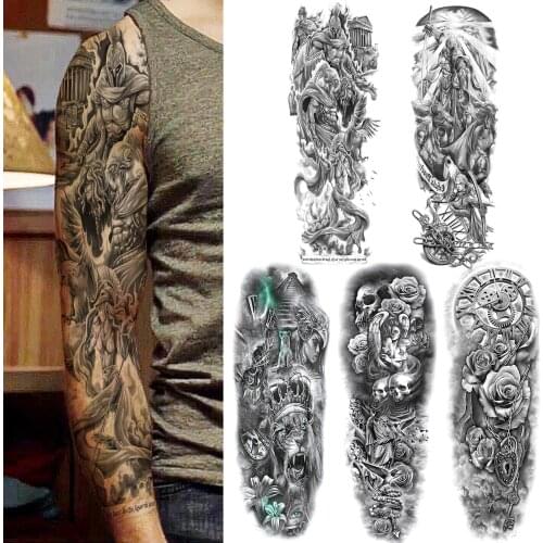 Realistic Warrior Temporary Tattoos For Men Women Adult Black Full Sleeve Big Compass Tattoo Sticker Fake Arm Tatoos Waterproof
