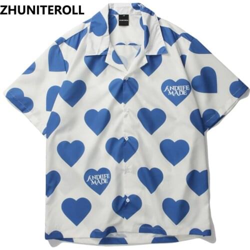 Graphics Heart Print Shirt 2021 Men HipHop Japanese Streetwear Casual Shirt Man Summer Short Sleeve Fashion Hawaiian Shirts Tops