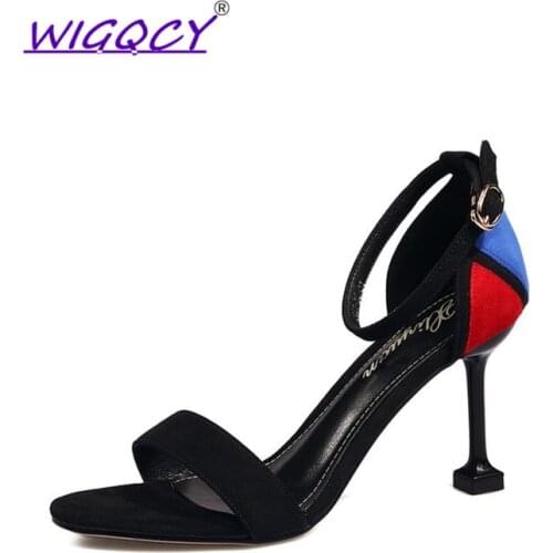 Open toe word buckle sandals 2019 summer new Korean version of fine with high heel sandals wild color matching womens shoes