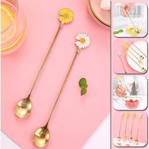 Cherry Blossom Daisy Pattern Spoon Fork Stainless Steel Thin Handle Tea Spoon Coffee Stirring Rod Dessert Fork Tableware Decor