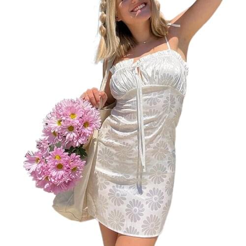 2021 Ladies Sexy Short Slip Dress Summer Girls Floral Pattern Chest Lace Ruched Decoration Tie Up Sleeveless Suspender Skirt