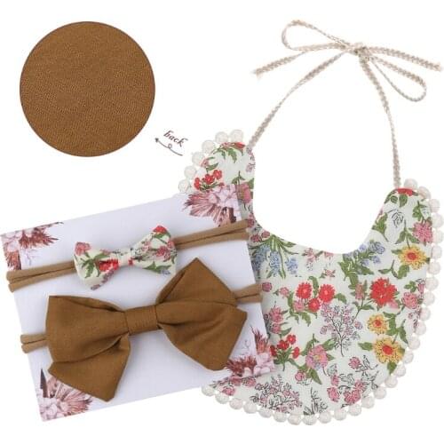 54DA 1 Set Baby Printing Bowknot Headband Bibs Set Double Sided Soft Cotton Feeding Saliva Towel Bandana Scarf Hair Band Kit for