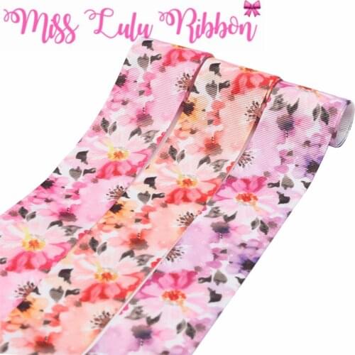 16mm-75mm Flower Series Purple Pink Watercolor Printed Grosgrain/Foe Ribbon DIY Hair Bowknots Gift Pack Hair Tie 50yards/roll