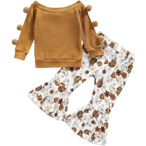 2PCS Set Kids Baby Girl Ball Long Sleeve Pullover Shirt Tops Floral Flared Pant Bell Bottom Outfits Spring Autumn Clothes