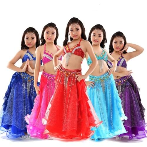 2018 Stage Performance New Arrivals Children Dance Clothing Beaded Outfits Belly Dance Costume Bra Belt Mesh Skirt #832