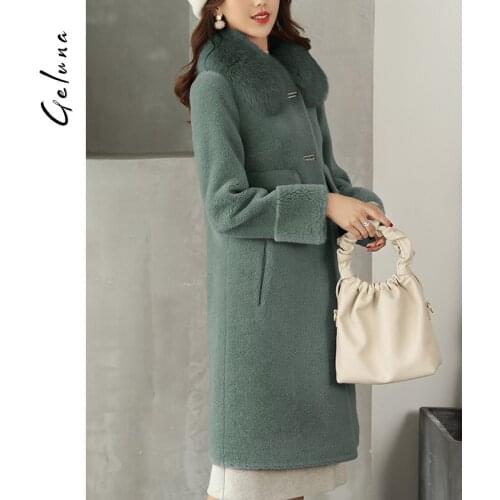 2020 Real Sheep Shearling Coat Female 100% Wool Coats Winter Jacket Women Fox Fur Collar Korean Long Jackets MY4168