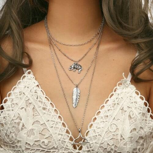 Bohemia Ethnic Exaggerated Elephant Leaf Fishtail Pendant Necklaces Women Chains Multilayer Necklace Jewelry Kolye YN198