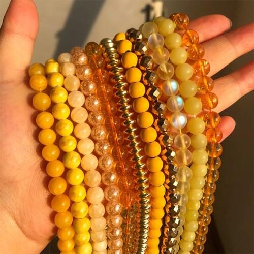 Natural Stone Beads Yellow Jades Agates Gold Hematite Round Loose Mineral Beads for Jewelry Making DIY Handmade Bracelet 15inch