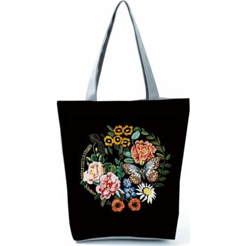 Floral Butterfly Print Black Handbag Fashion All-Match Shoulder Bags for Women Eco Friendly Travel Bag High Capacity Tote Female