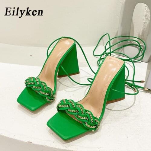 Eilyken 2022 New Summer Fashion Design Weave Women Sandals Ladies Sandals Open Toe Triangle Thick heel Shoes Orange Green