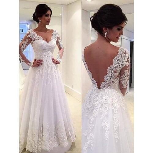 Elegant Long Sleeve Wedding Dresses V-Neck Lace Gowns A-Line White Floor Length Bridal Dresses 2019