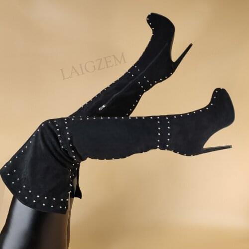 LAIGZEM SUPER Women Thigh High Boots Faux Suede Studded Platform High Heels Boots Over Knee Shoes Woman Big Size 38 42 46 47 52