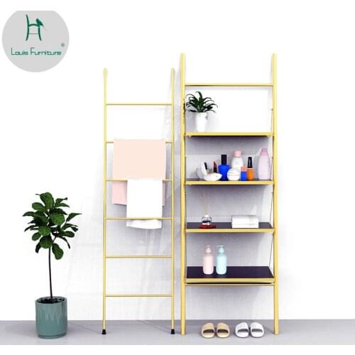 Louis Fashion Minimalist Iron Ladder Decorative Bath Towel Rack Drop Coat Hat Bedroom Solid Wood Trapezoidal Shelf Bookshelf
