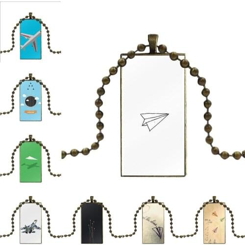 Minimal Flying Paper Plane Colored Drawing Design Fashion Vintage Glass Women Rectangle Necklace Pendants For Unisex